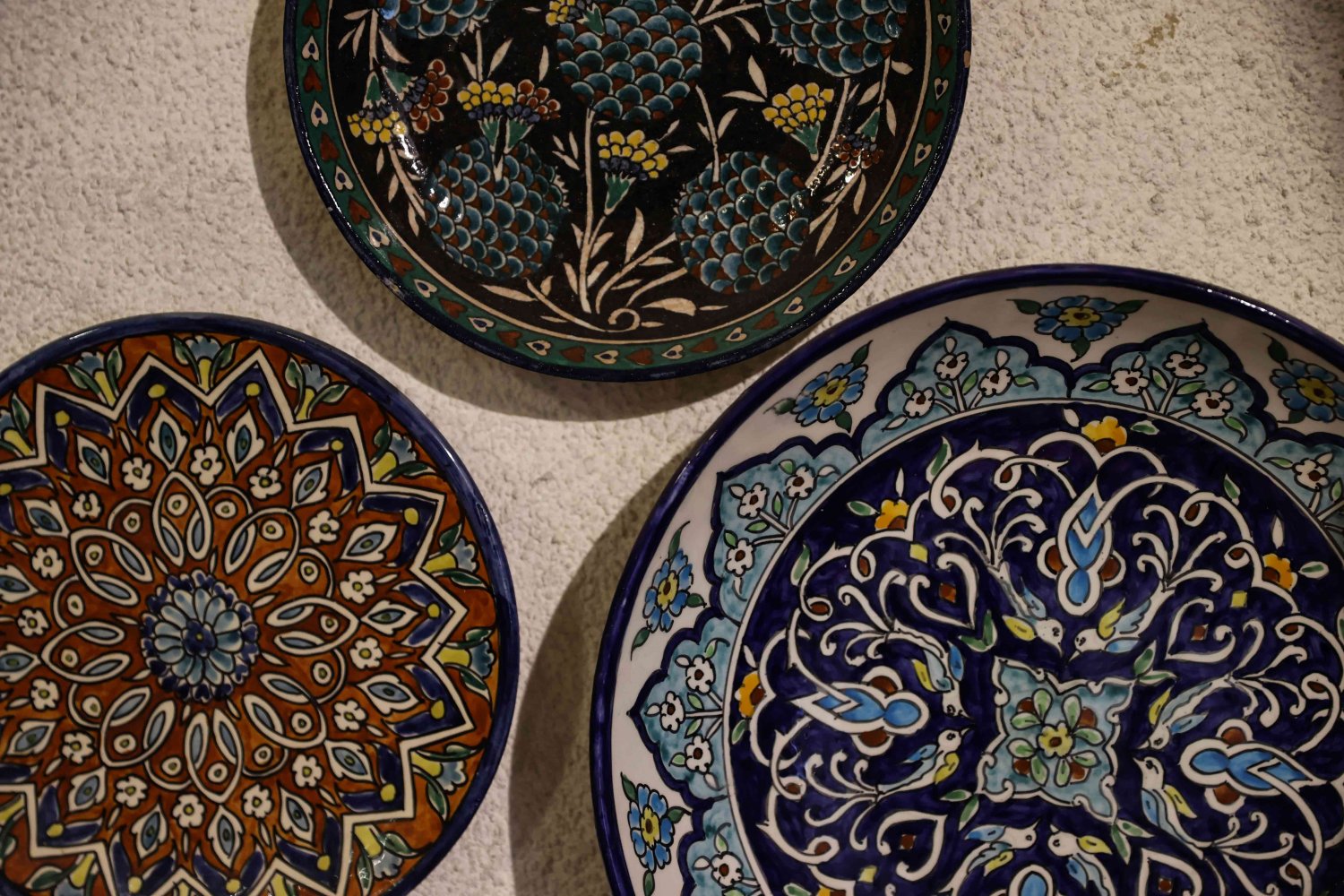 Brightly-colored hand-painted Armenian ceramic art pieces on display in the Balian shop in East Jerusalem 