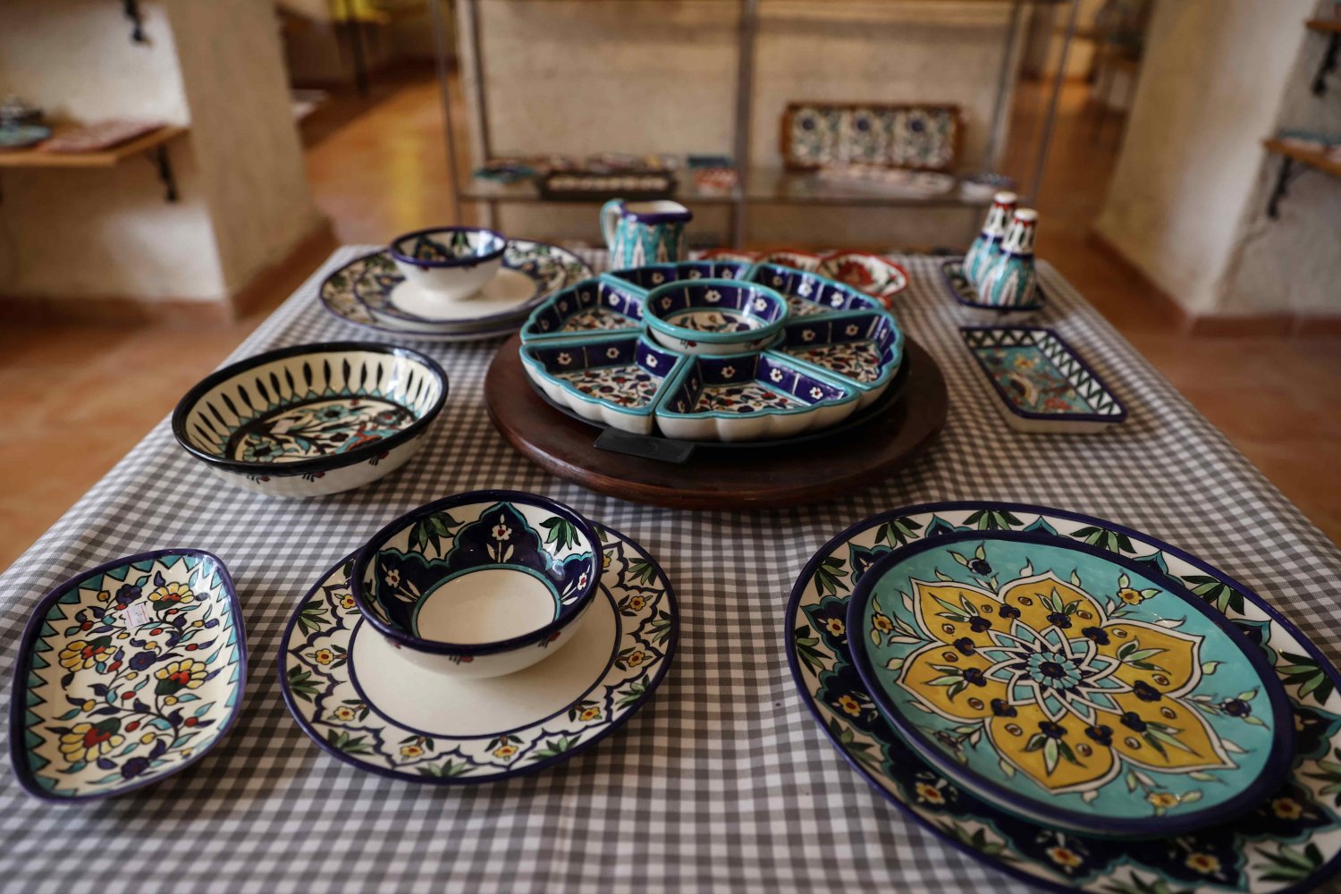 Finished hand-painted Armenian ceramic art pieces on display in the Balian shop in East Jerusalem 