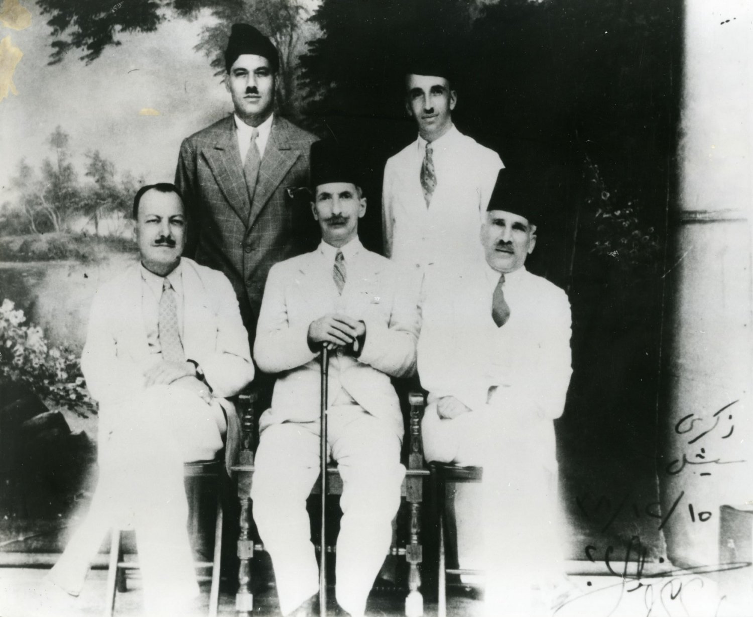 Exhiled Arab Higher Committee members Dr. Hussein al-Khalidi and Ahmad Hilmi Pasha Abd al-Baqi (seated first and second left) and Yacoub Ghossein and Fuad Saba (back row)