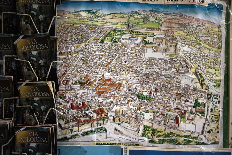 A tourist map of the Jerusalem's Old City featuring the four quarters. distinctly.