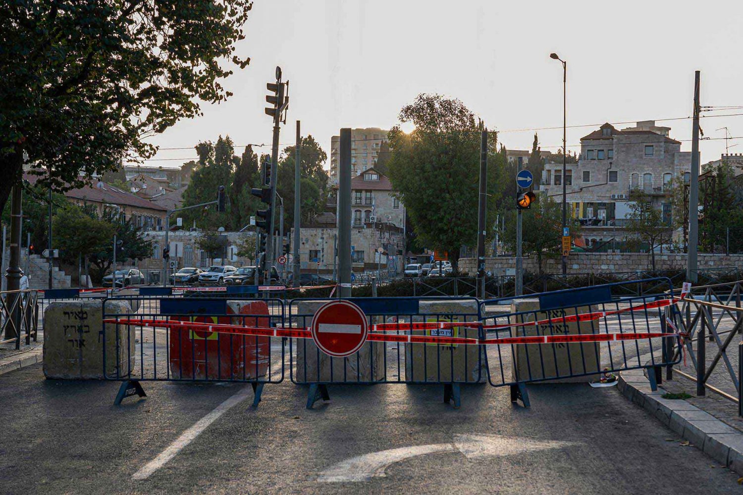 Barrier closing a street in Jerusalem on Yom Kippur
