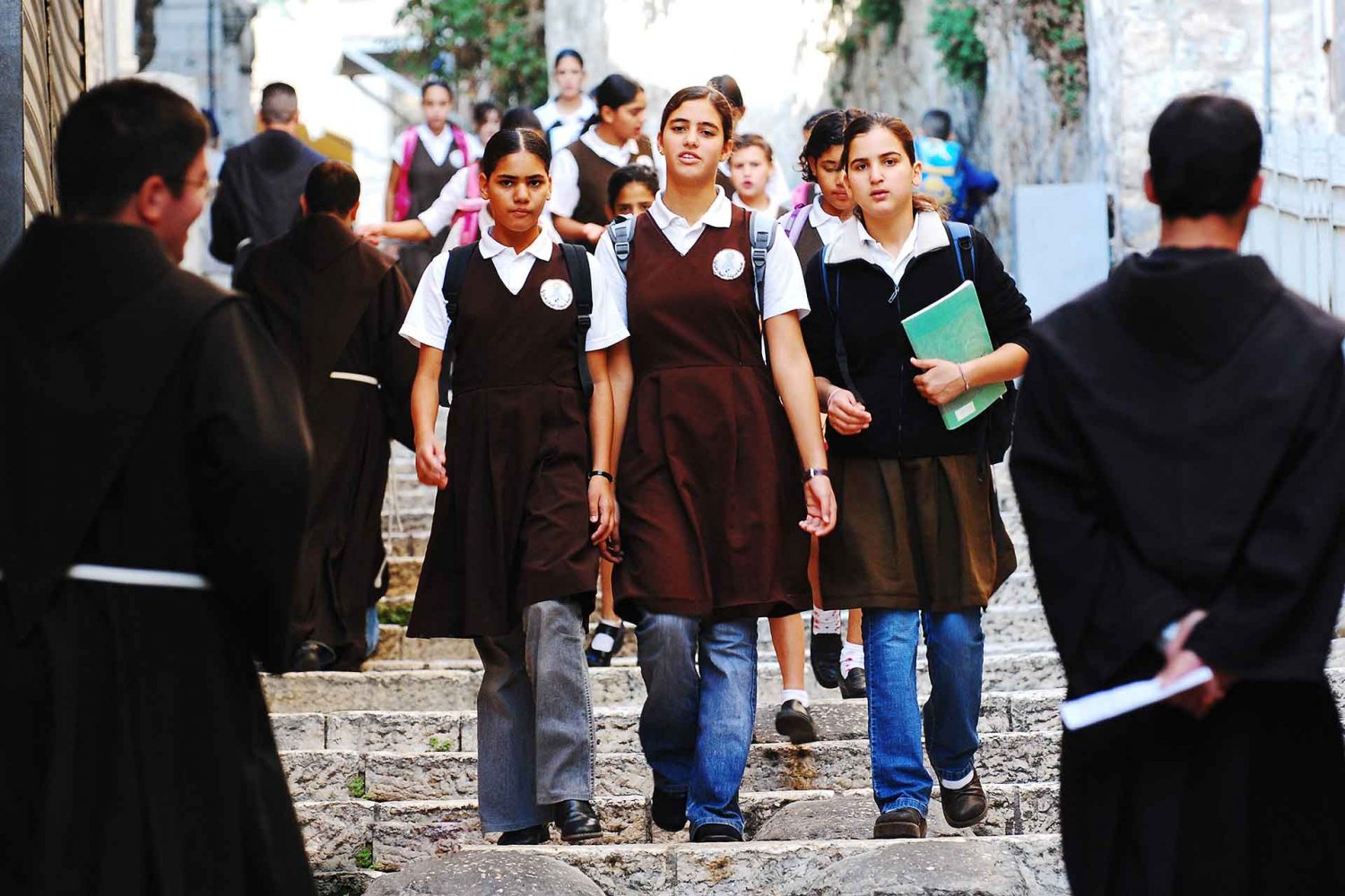 A group of girls on their way to school in the Muslim Quarter of the Old City in East Jerusalem, September 8, 2007.