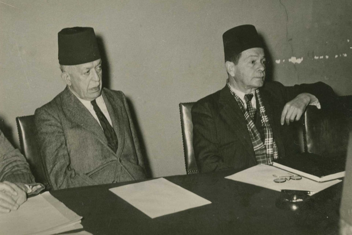 Khalil Sakakini and Adel Jabre (right), members of the Academy of the Arabic Language, Cairo, ca. 1950.