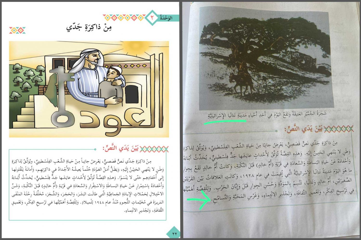 A page from a Palestinian textbook, showing Israeli alterations
