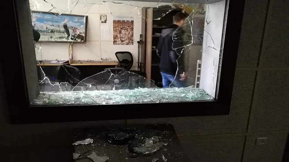 Destruction caused during Israel’s raid of the offices of Palestine TV in Jerusalem, November 2019