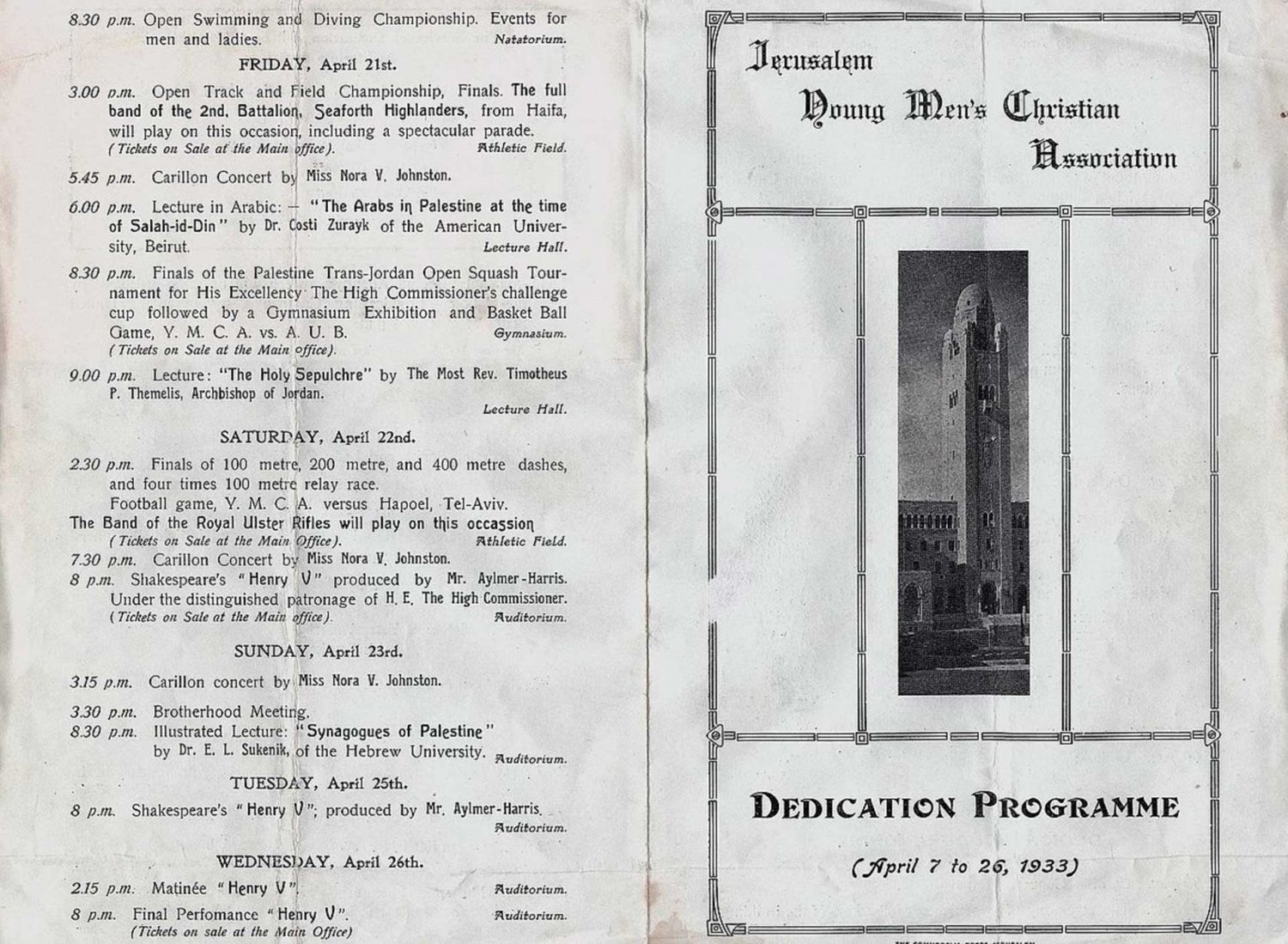 Dedication program for the new Jerusalem YMCA, April 1933
