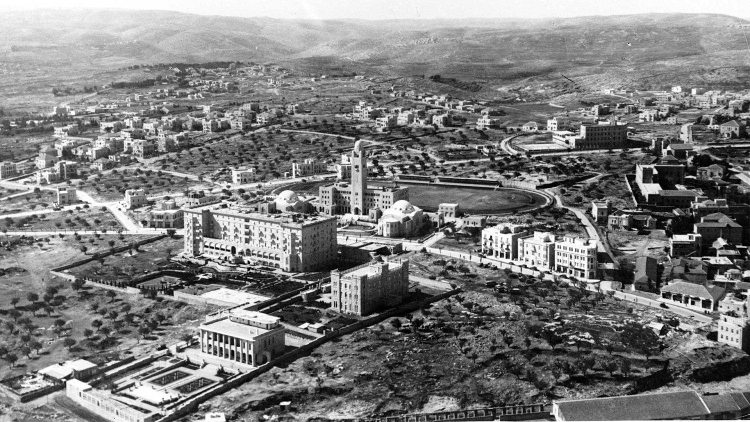 A view of Jerusalem from the air in 1931, with the YMCA and King David Hotel at the center