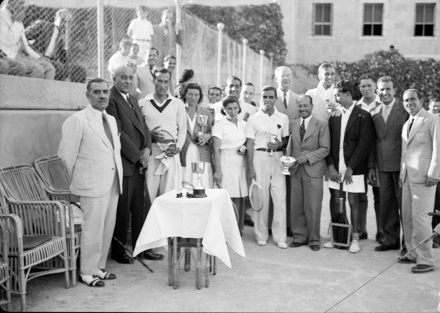 Group of prize winners from a tennis match with the mayor and deputy mayor at the Jerusalem YMCA, August 1939