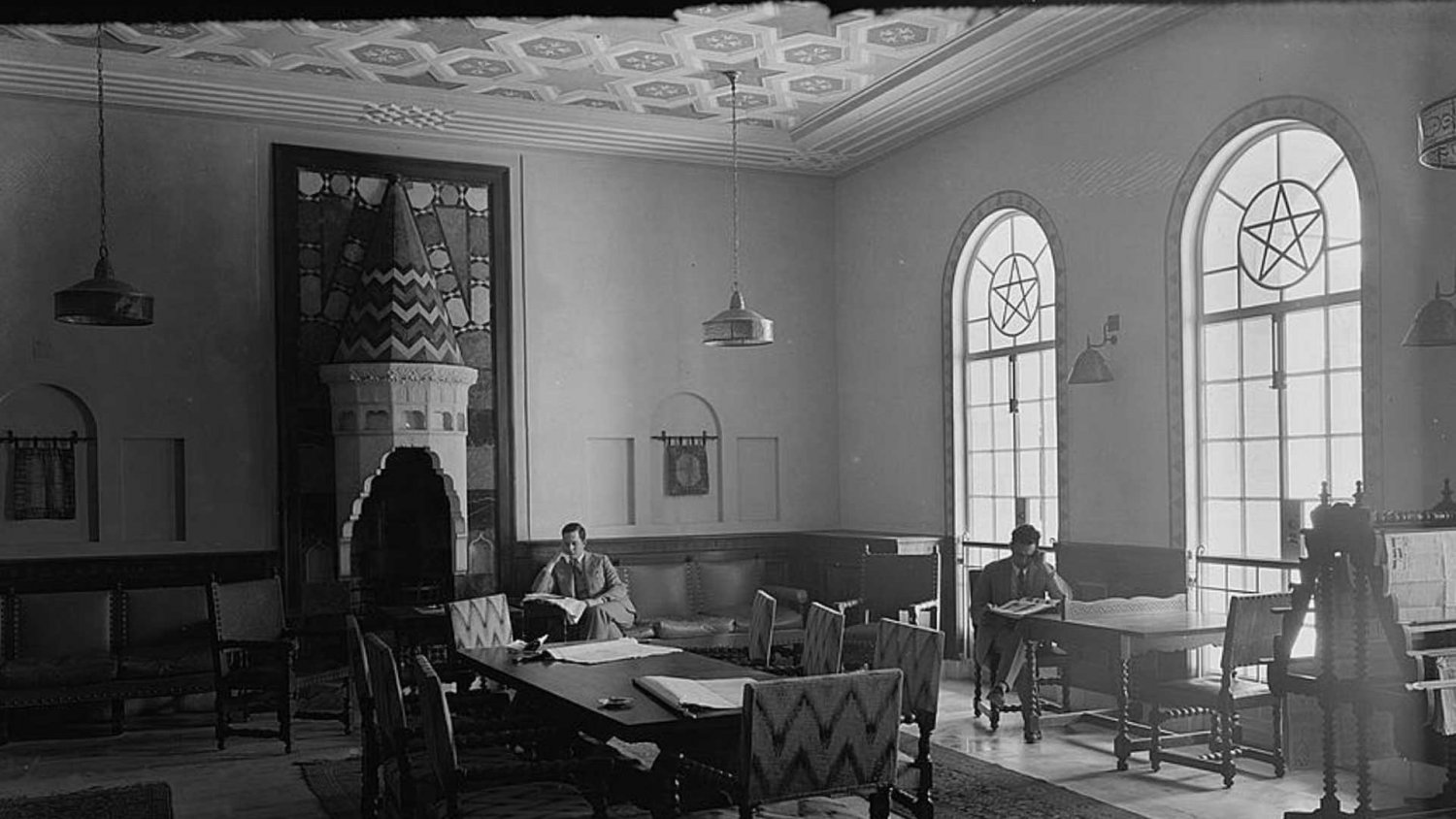 Jerusalem YMCA reading room and fireplace, 1933 or 1934