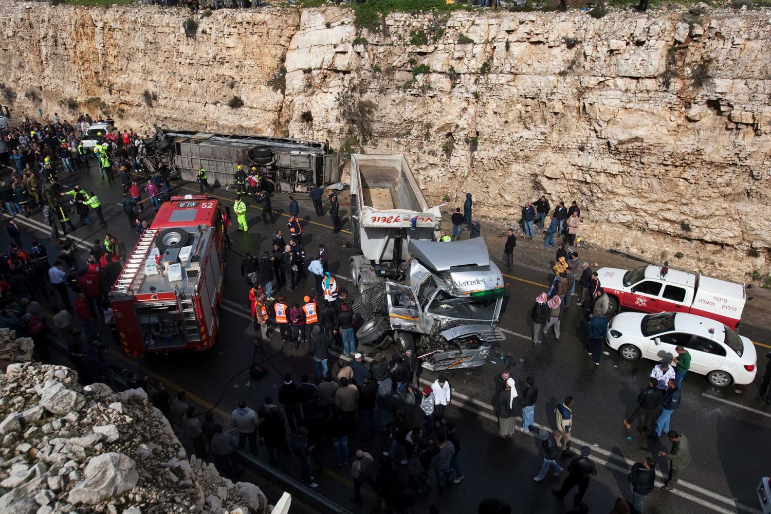 A collision between a truck and a school bus of kindergartners caused seven deaths near Jaba‘ in the West Bank, outside Jerusalem, February 16, 2012.