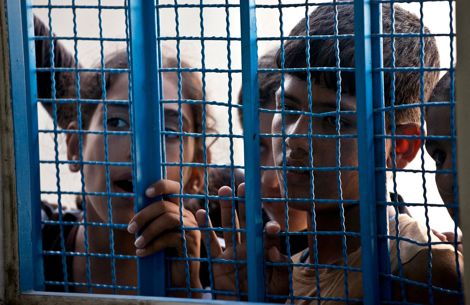 Palestinian children look out from iron caging
