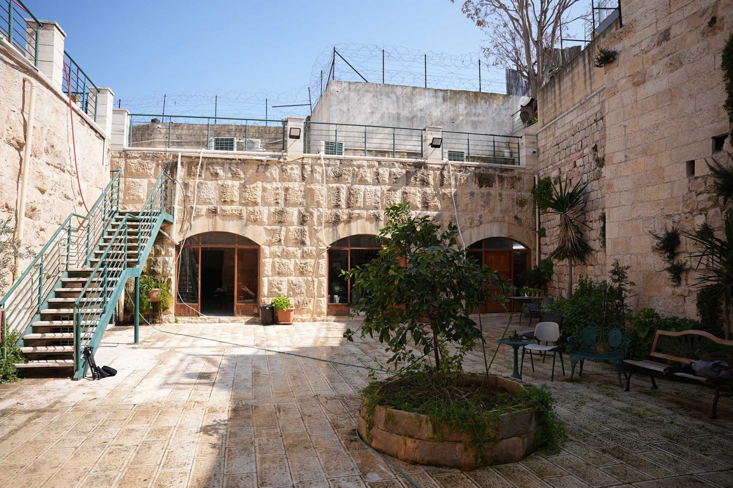 The outdoor courtyard of the Center for Jerusalem Studies at the Al-Quds University campus in Jerusalem’s Old City.