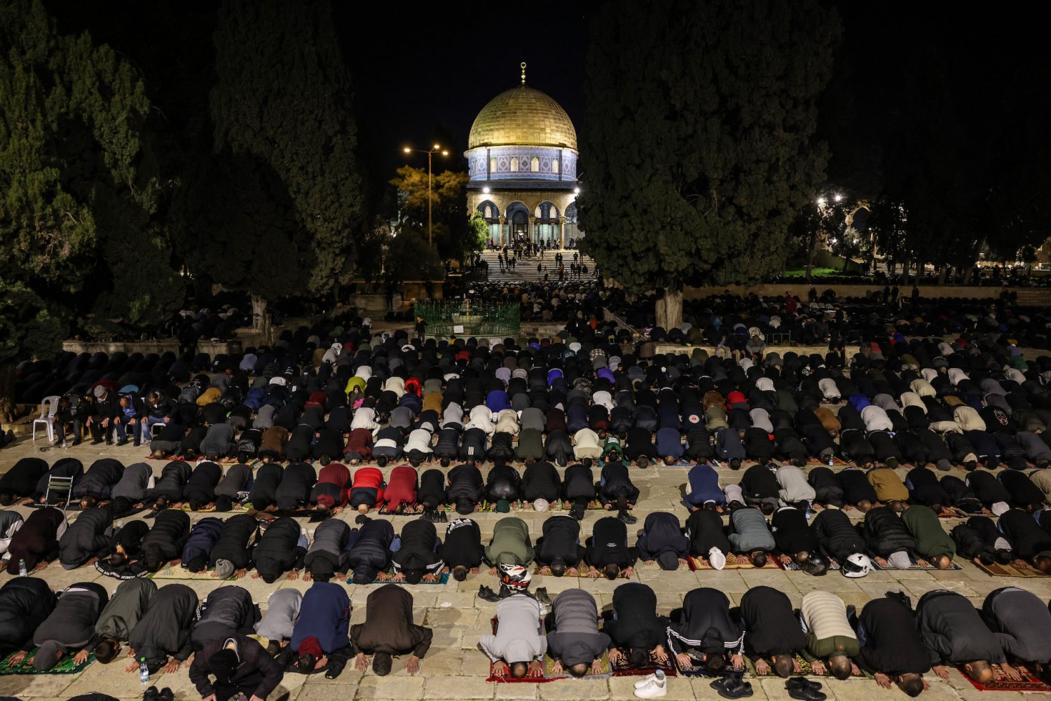 Palestinian Muslims perform the Tarawih prayer in Jerusalem’s Haram al-Sharif compound during Ramadan, March 11, 2024.