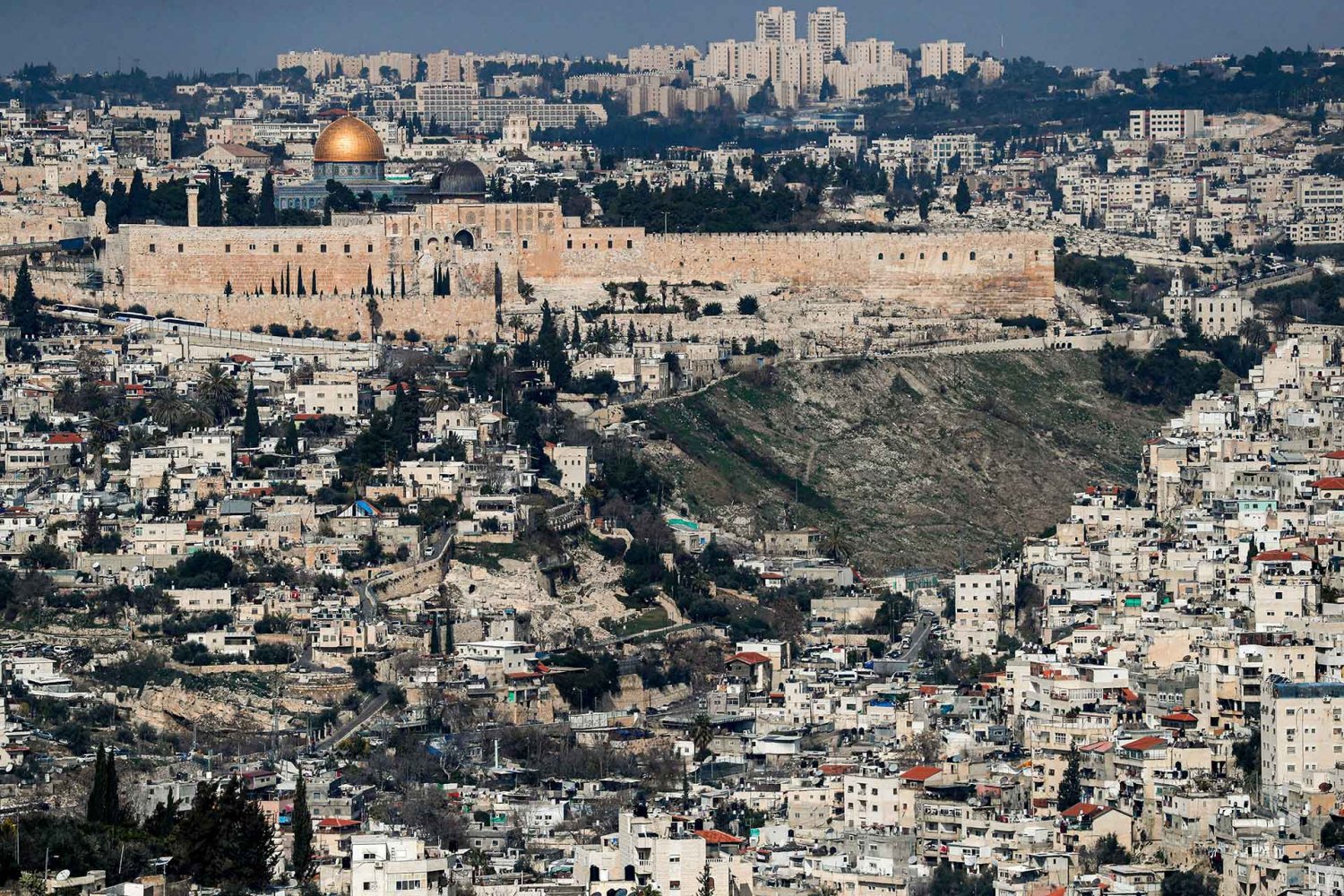A view of the Old City of Jerusalem, including the Haram al-Sharif compound and Silwan, from Jabal Mukabbir, January 28, 2020