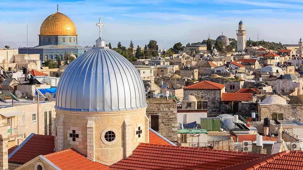 Skyline of Jerusalem's Old City with the Catholic church and the Dome of the Rock showing